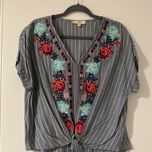 Entro Striped V-Neck Embroidered Tie-Front Top